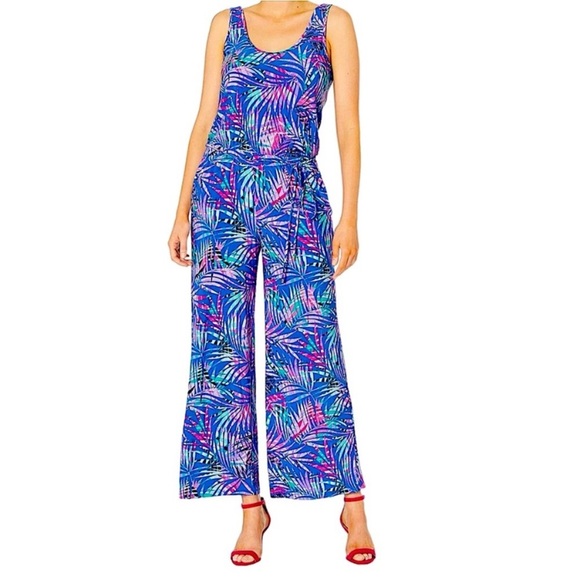 Pappagallo Blue and Purple Leaf Print Jumpsuit - Picture 1 of 13